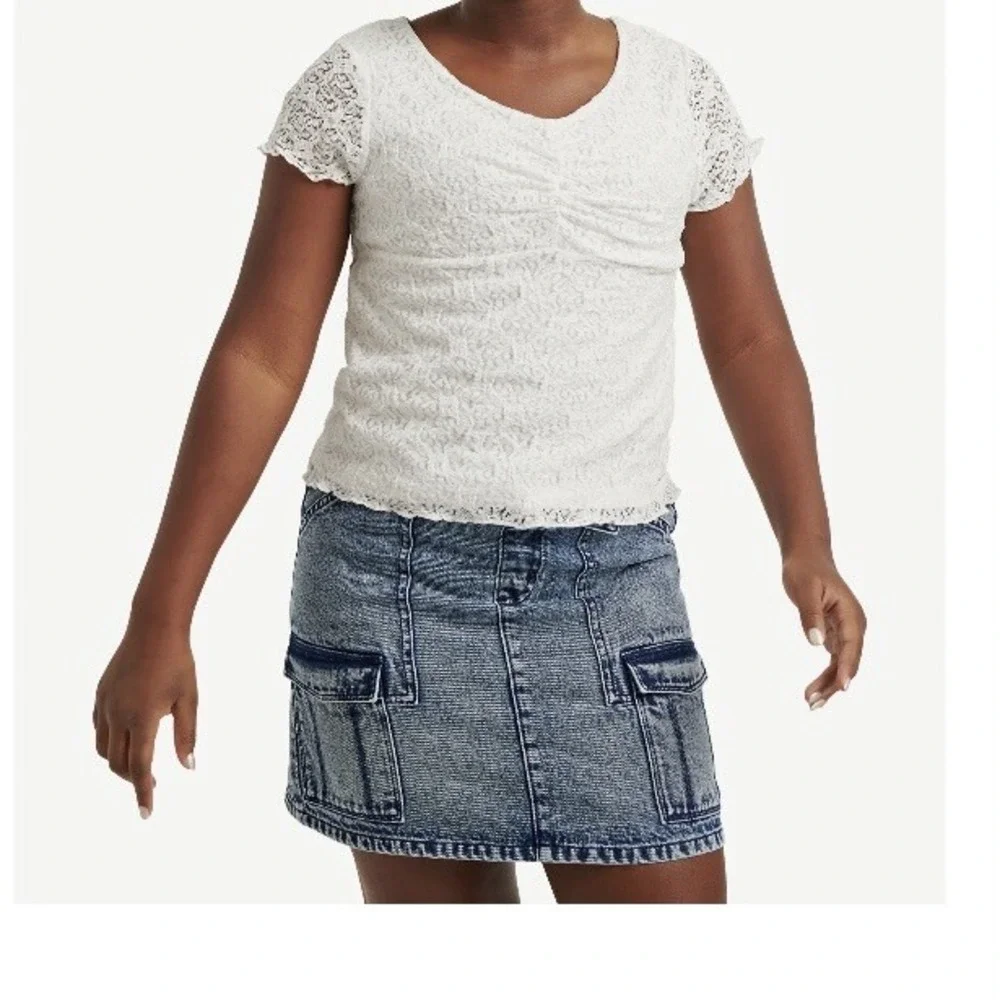 Justice Girls Lace Tee Medium 10 New with Tags Silver Fern Empire Seam Cinched